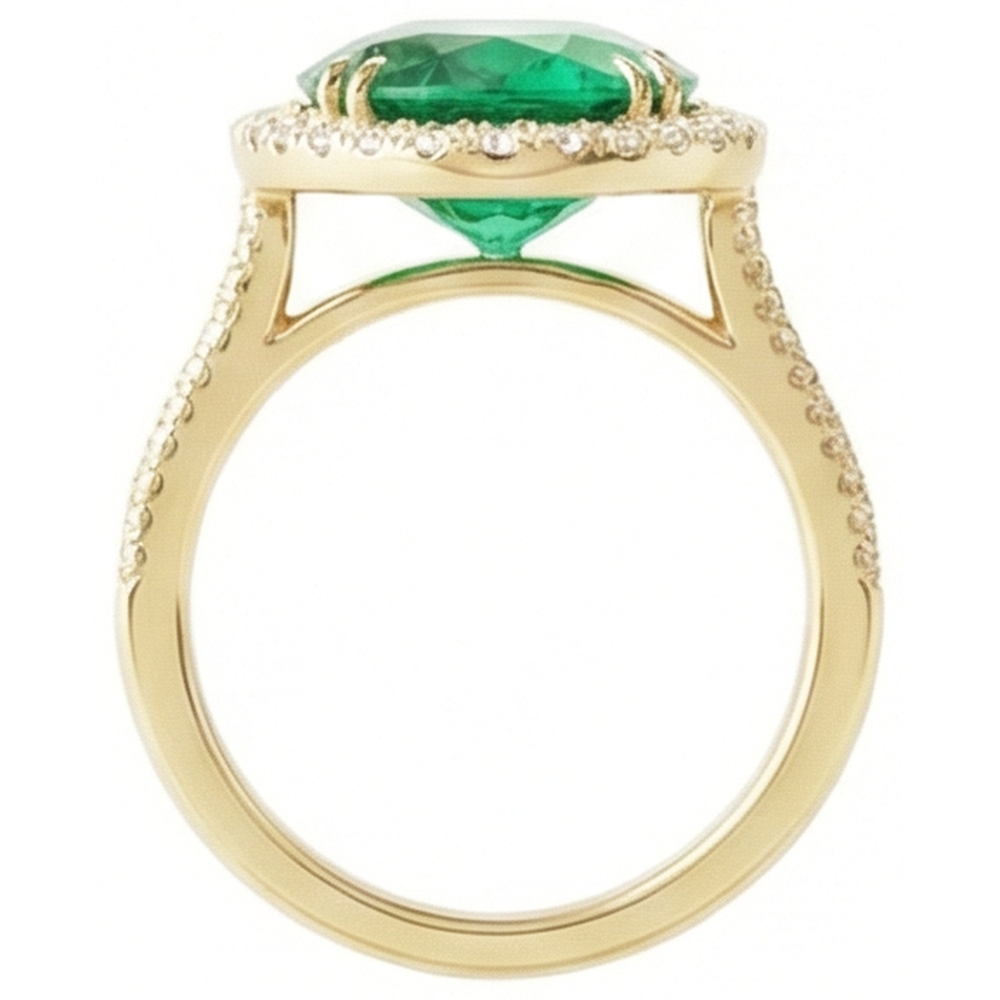 4 Ct Oval Cut Green Emerald With Halo Natural Earth Mined Diamond Ring 14K Yellow Gold
