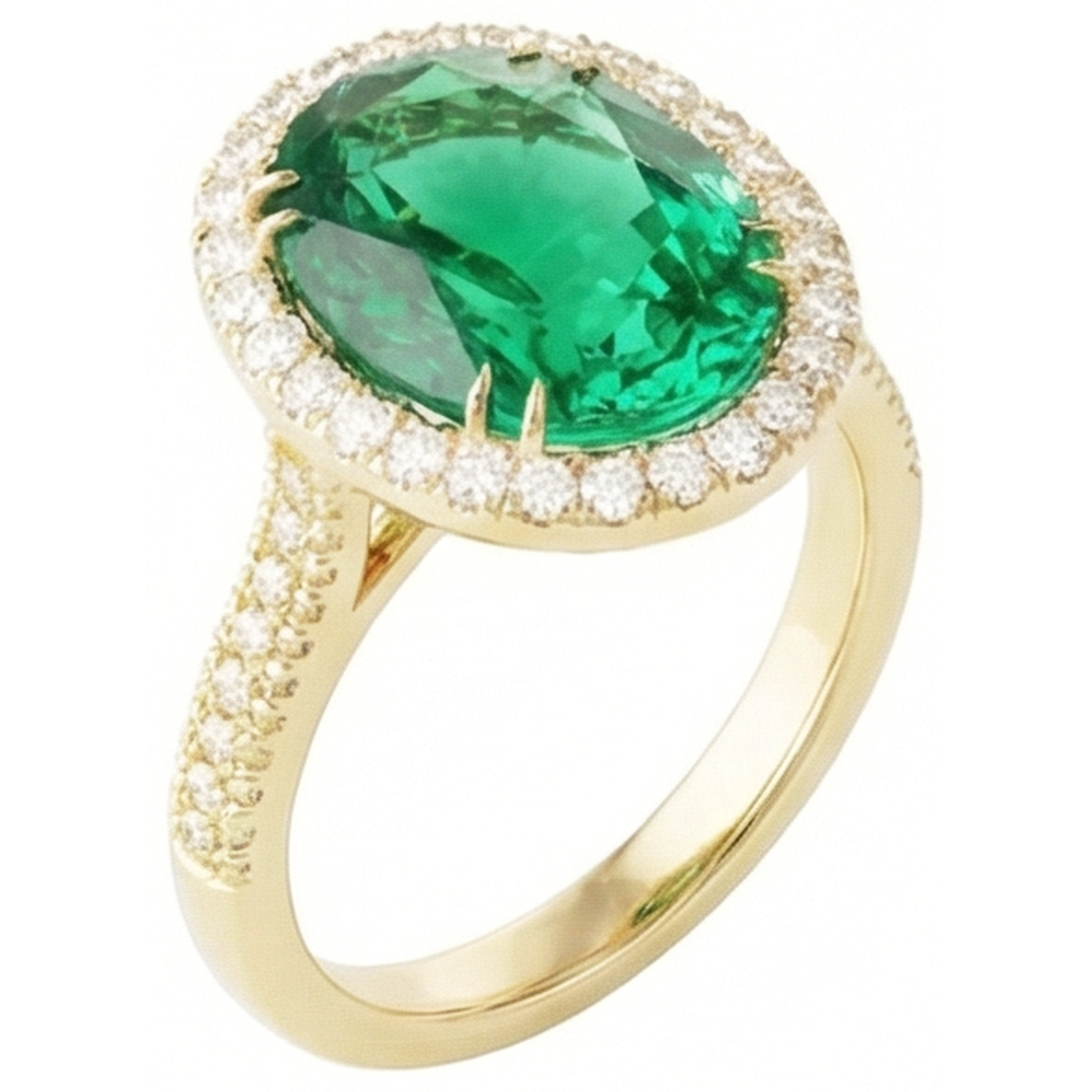 4 Ct Oval Cut Green Emerald With Halo Natural Earth Mined Diamond Ring 14K Yellow Gold