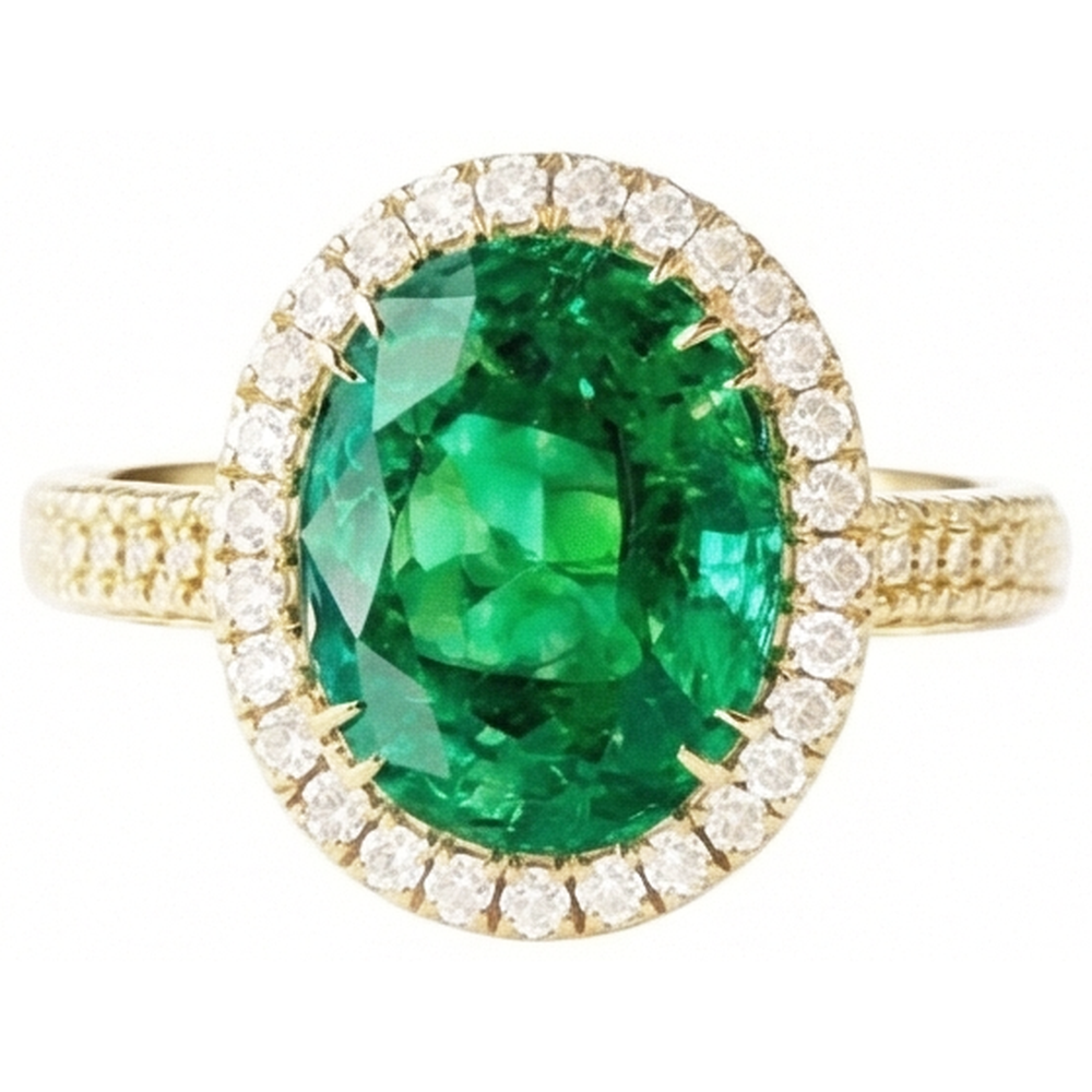 4 Ct Oval Cut Green Emerald With Halo Natural Earth Mined Diamond Ring 14K Yellow Gold