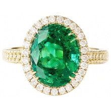 4 Ct Oval Cut Green Emerald With Halo Natural Earth Mined Diamond Ring 14K Yellow Gold