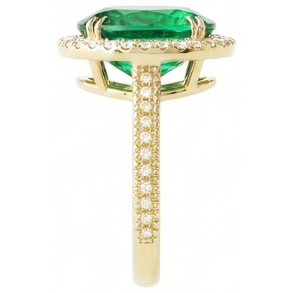 4 Ct Oval Cut Green Emerald With Halo Natural Earth Mined Diamond Ring 14K Yellow Gold