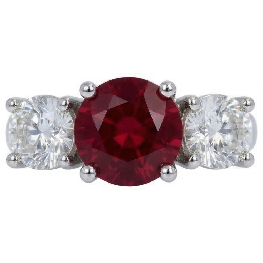 4 Ct Ruby And Round Natural Earth Mined Diamond 3 Stone Ring White Gold Lady Jewellery