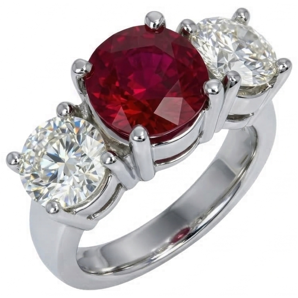 4 Ct Ruby And Round Natural Earth Mined Diamond 3 Stone Ring White Gold Lady Jewellery