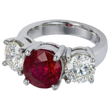 4 Ct Ruby And Round Natural Earth Mined Diamond 3 Stone Ring White Gold Lady Jewellery