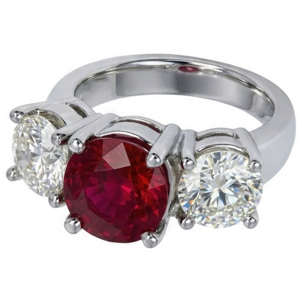 4 Ct Ruby And Round Natural Earth Mined Diamond 3 Stone Ring White Gold Lady Jewellery