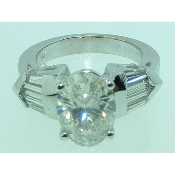 4 Ct. Oval & Baguette Real Diamond 3 Stone Engagement Ring White Gold