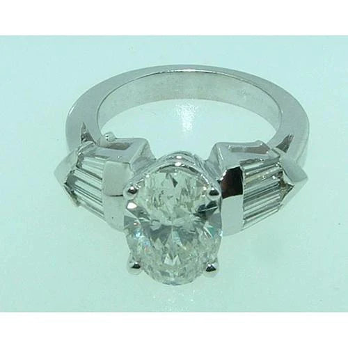 4 Ct. Oval & Baguette Real Diamond 3 Stone Engagement Ring White Gold