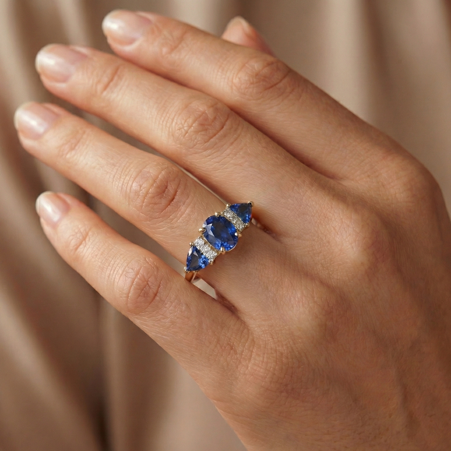 4.26 Ct. Oval Trillion Ceylon Sapphire And Natural Earth Mined DIAMOND ( NOT LAB GROWN )s Ring 3 Stone