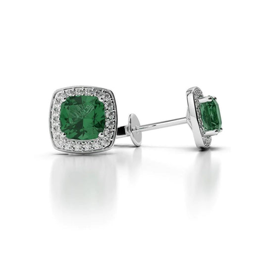 4.20 Carats Cushion Green Emerald And Diamond Stud Halo Earrings