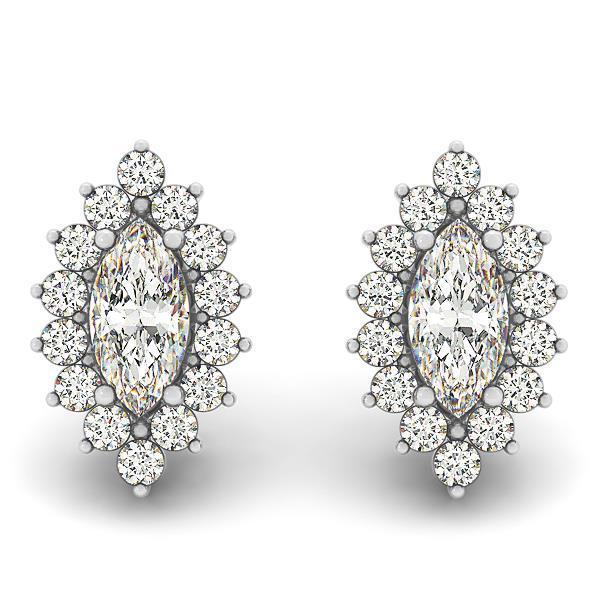 4.20 Carats Real Marquise And Round Cut Diamonds Studs Earrings Halo WG 14K