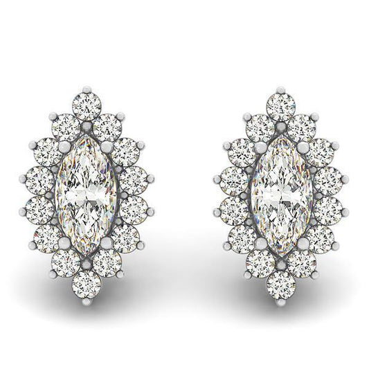 4.20 Carats Real Marquise And Round Cut Diamonds Studs Earrings Halo WG 14K