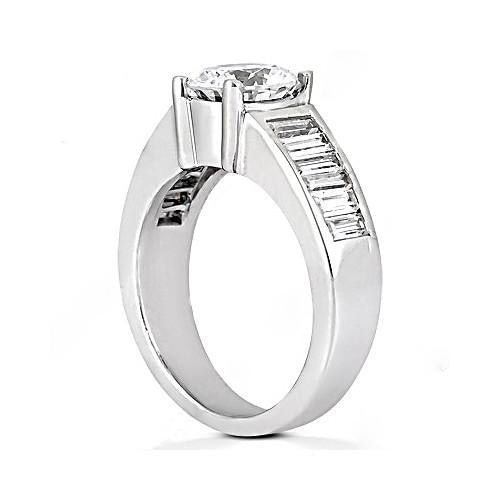 4.25 Carat Round Real Diamond Engagement Ring Baguettes Accented