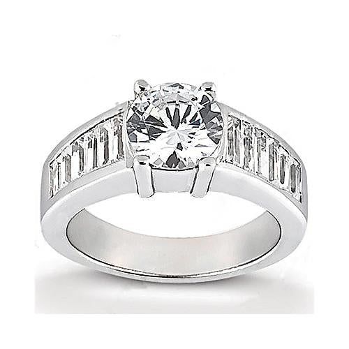 4.25 Carat Round Real Diamond Engagement Ring Baguettes Accented
