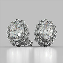 4.25 Carats Oval And Round Halo Natural Earth Mined Diamond Lady Stud Earring White Gold