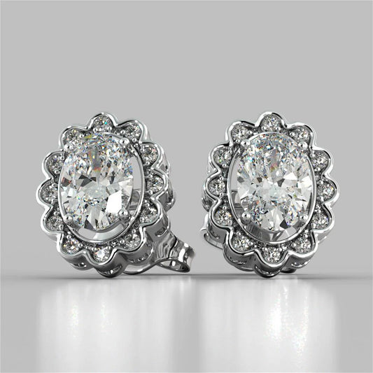 4.25 Carats Oval And Round Halo Natural Diamond Lady Stud Earring White Gold