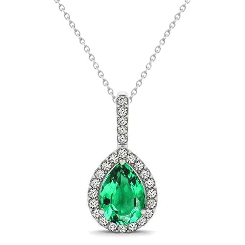 4.25 Carats Pear Green Emerald With Diamond Pendant White Gold 14K Gemstone