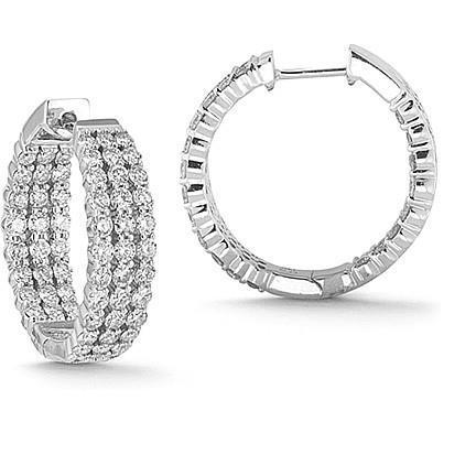 4.30 Carats In And Out 3 Row Real Diamonds Hoop Earrings White Gold 14K