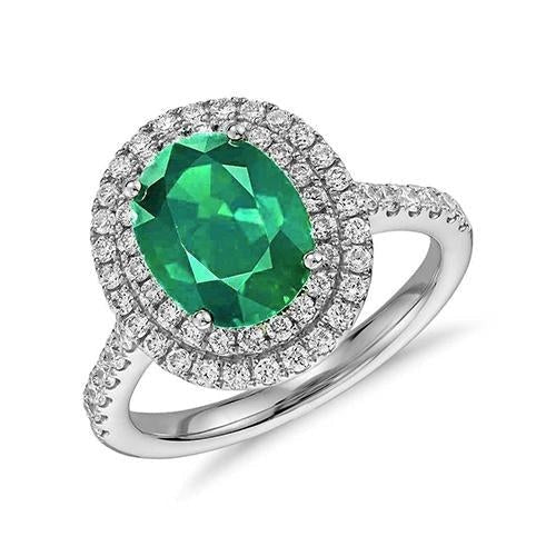4.35 Carats Green Emerald With Diamonds Ring Double Halo 14K White Gold