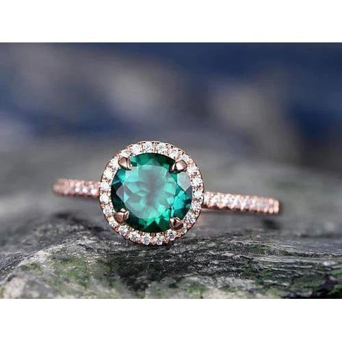 4.40 Carats Round Shaped Green Emerald With Diamond Ring Rose Gold 14K