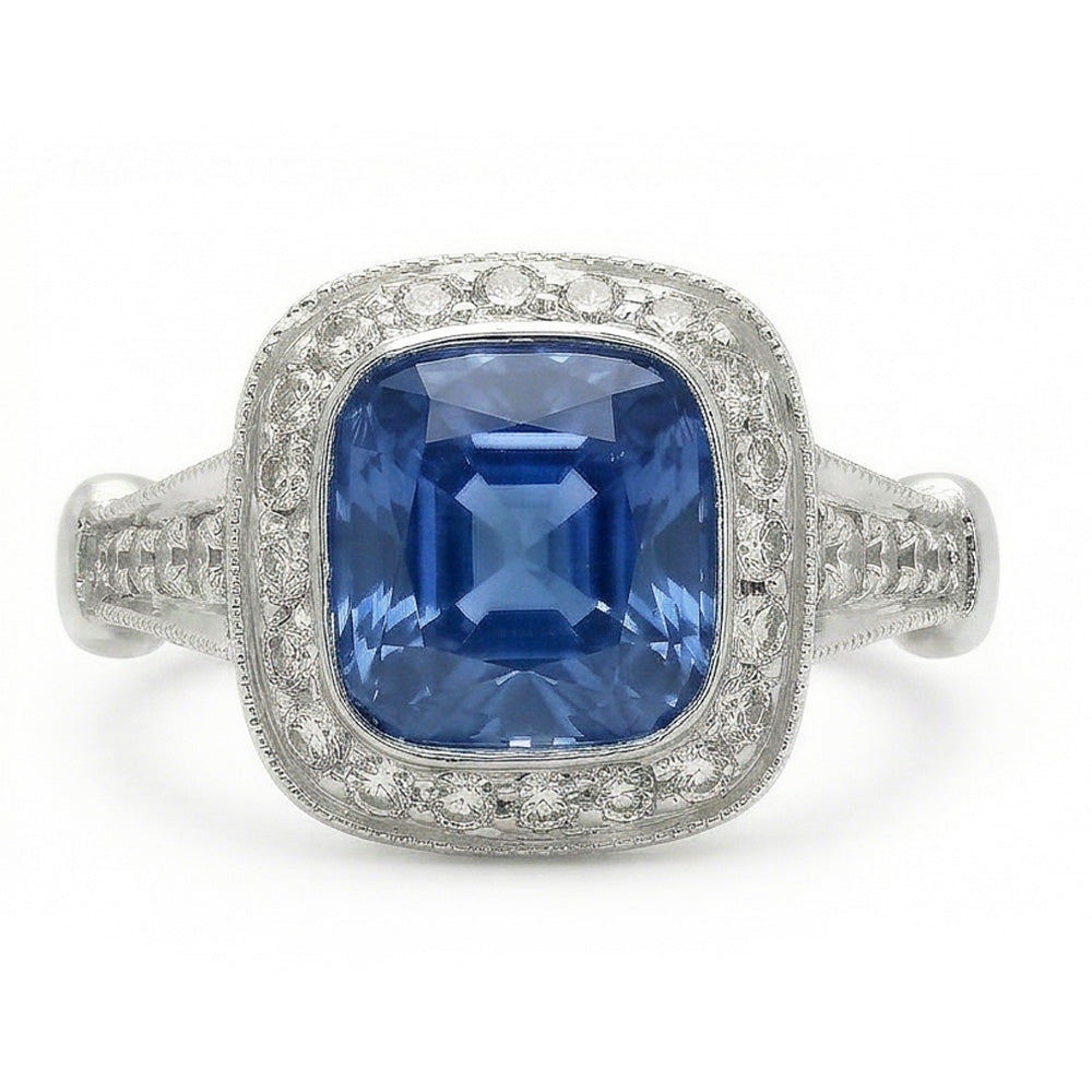 5.01 Carats Blue Sapphire Cushion Halo Natural Earth Mined DIAMOND ( NOT LAB GROWN ) Ring Jewellery