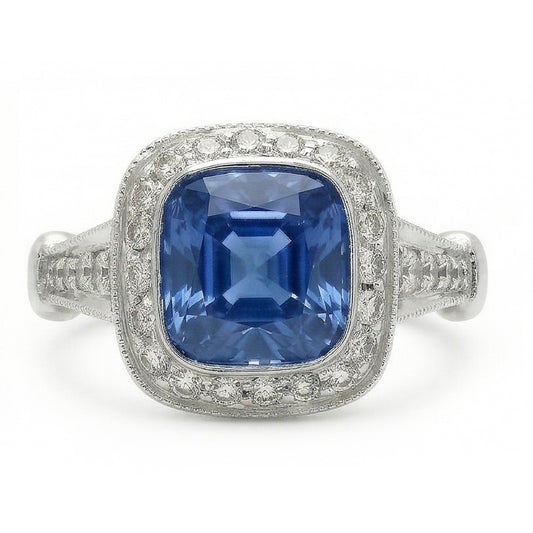 5.01 Carats Blue Sapphire Cushion Halo Natural Earth Mined DIAMOND ( NOT LAB GROWN ) Ring Jewellery