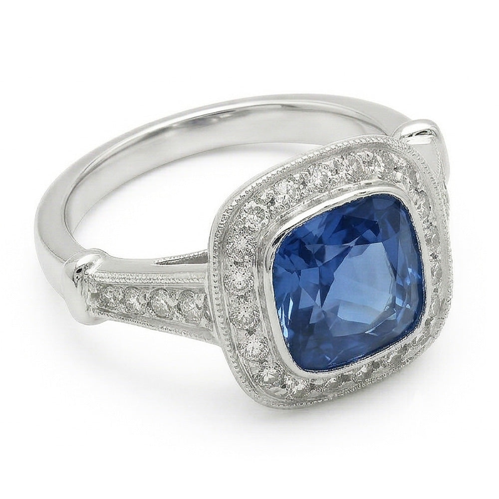 5.01 Carats Blue Sapphire Cushion Halo Natural Earth Mined DIAMOND ( NOT LAB GROWN ) Ring Jewellery