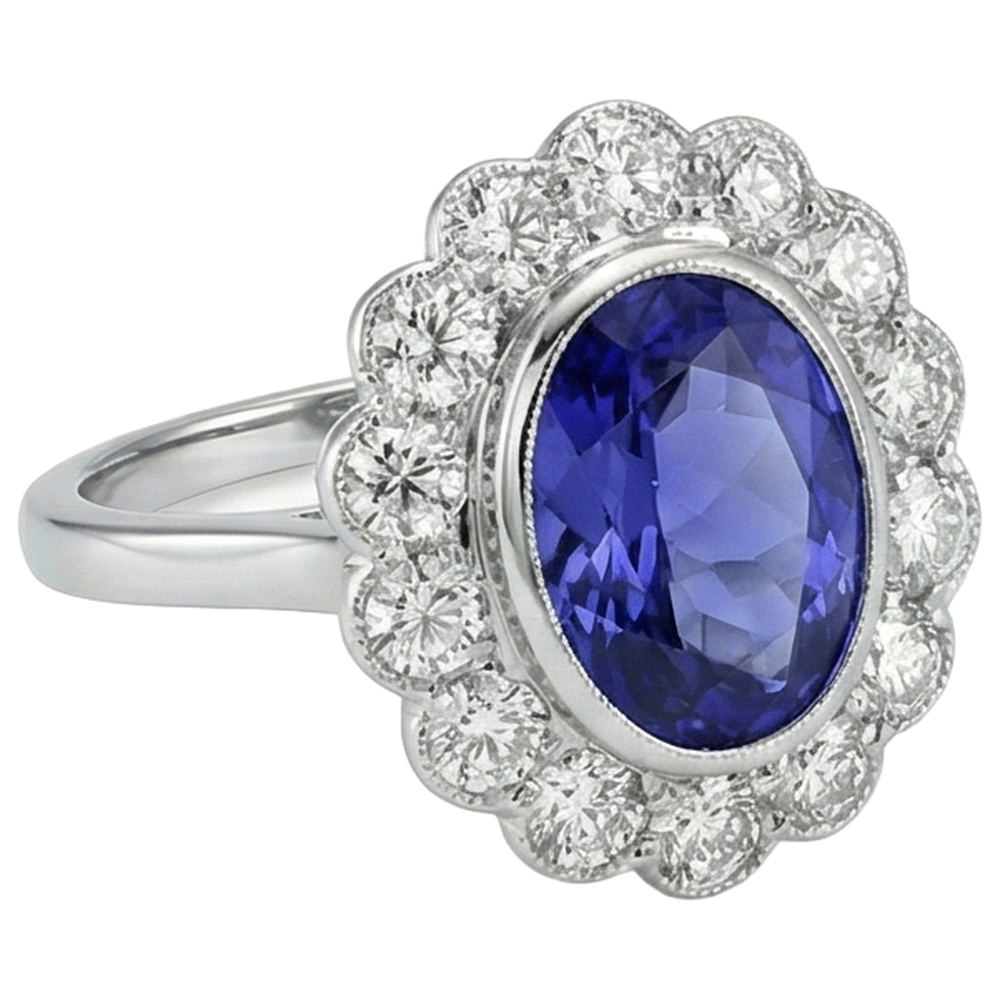 5.15 Ct Oval Bezel Set Tanzanite With Natural Earth Mined Diamonds Ring 14K White Gold