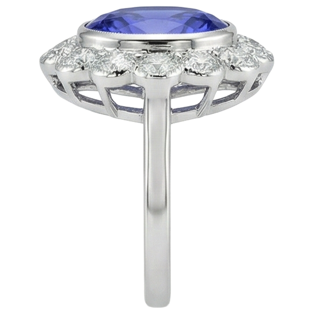 5.15 Ct Oval Bezel Set Tanzanite With Natural Earth Mined Diamonds Ring 14K White Gold