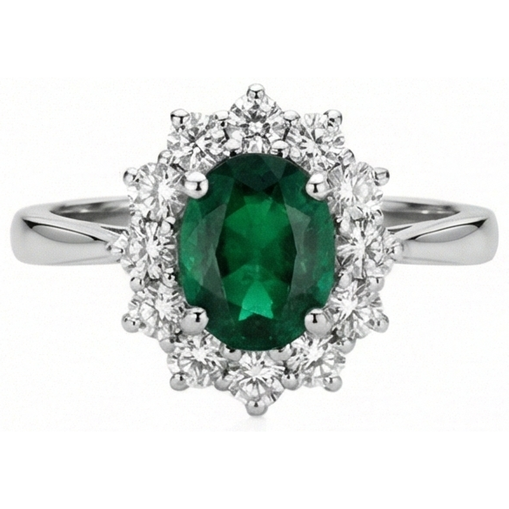 5.25 Carats Green Emerald And Natural Earth Mined Diamonds Engagement Ring White Gold 14K