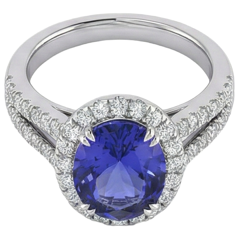 5.25 Ct Blue Tanzanite And Natural Earth Mined Diamonds Ring 14K White Gold