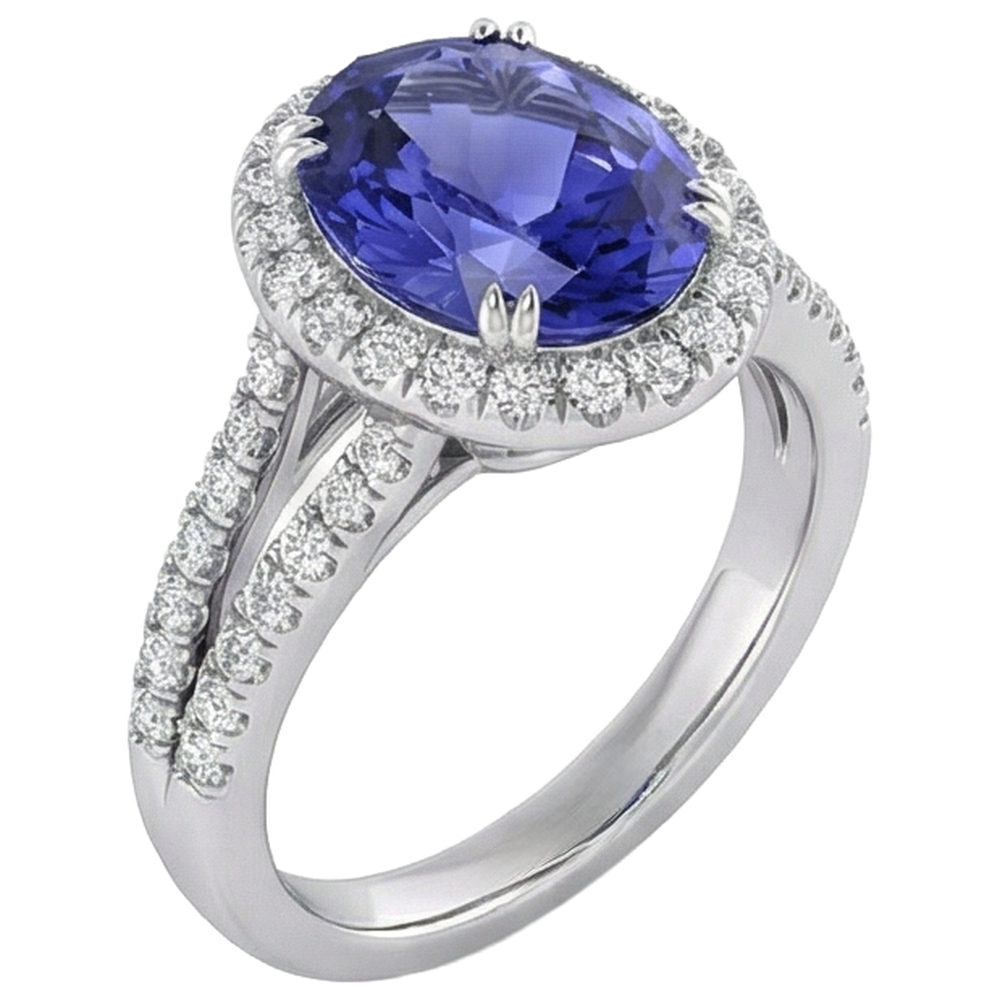 5.25 Ct Blue Tanzanite And Natural Earth Mined Diamonds Ring 14K White Gold
