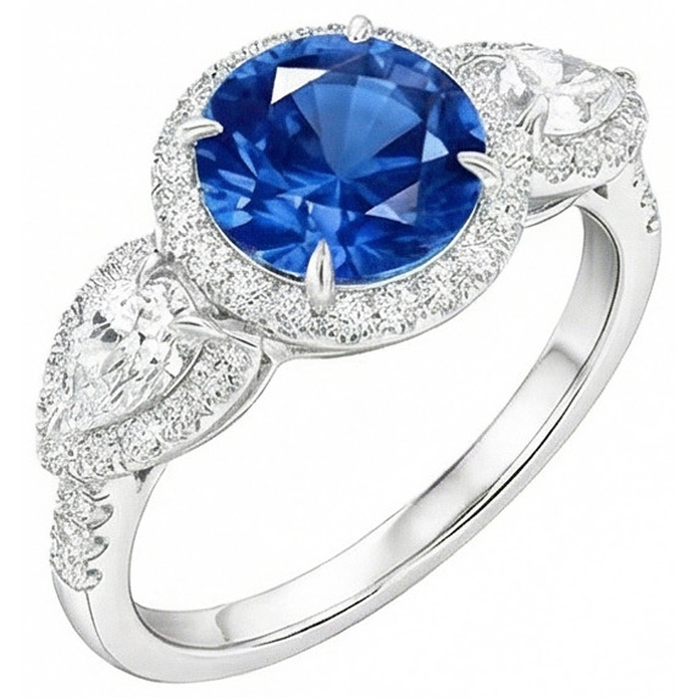 5.30 Ct Pear And Round Ceylon Sapphire Natural Earth Mined DIAMOND ( NOT LAB GROWN )s Ring White Gold 14K
