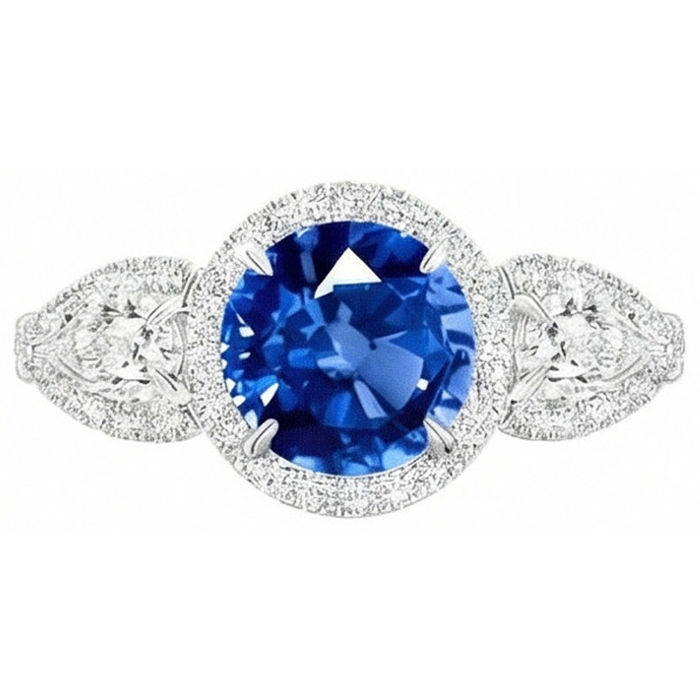 5.30 Ct Pear And Round Ceylon Sapphire Natural Earth Mined DIAMOND ( NOT LAB GROWN )s Ring White Gold 14K