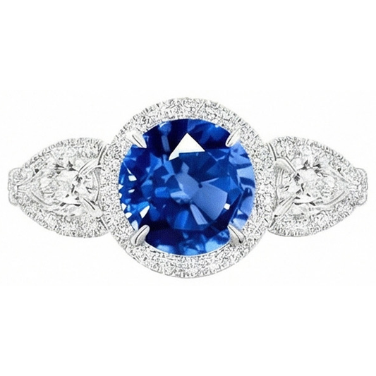 5.30 Ct Pear And Round Ceylon Sapphire Natural Earth Mined DIAMOND ( NOT LAB GROWN )s Ring White Gold 14K