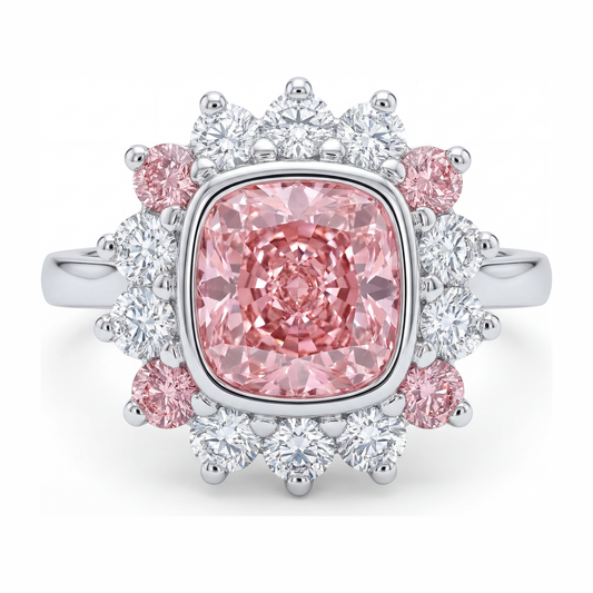 Fancy Pink Diamond 5.5 Carat Lab Grown Cushion Halo Ring 14K White Gold