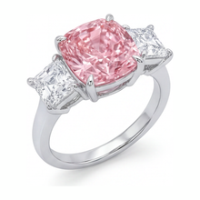 Pink Engagement Ring 5.5 Carat Lab Grown Cushion Diamond Three Stone 14K White Gold