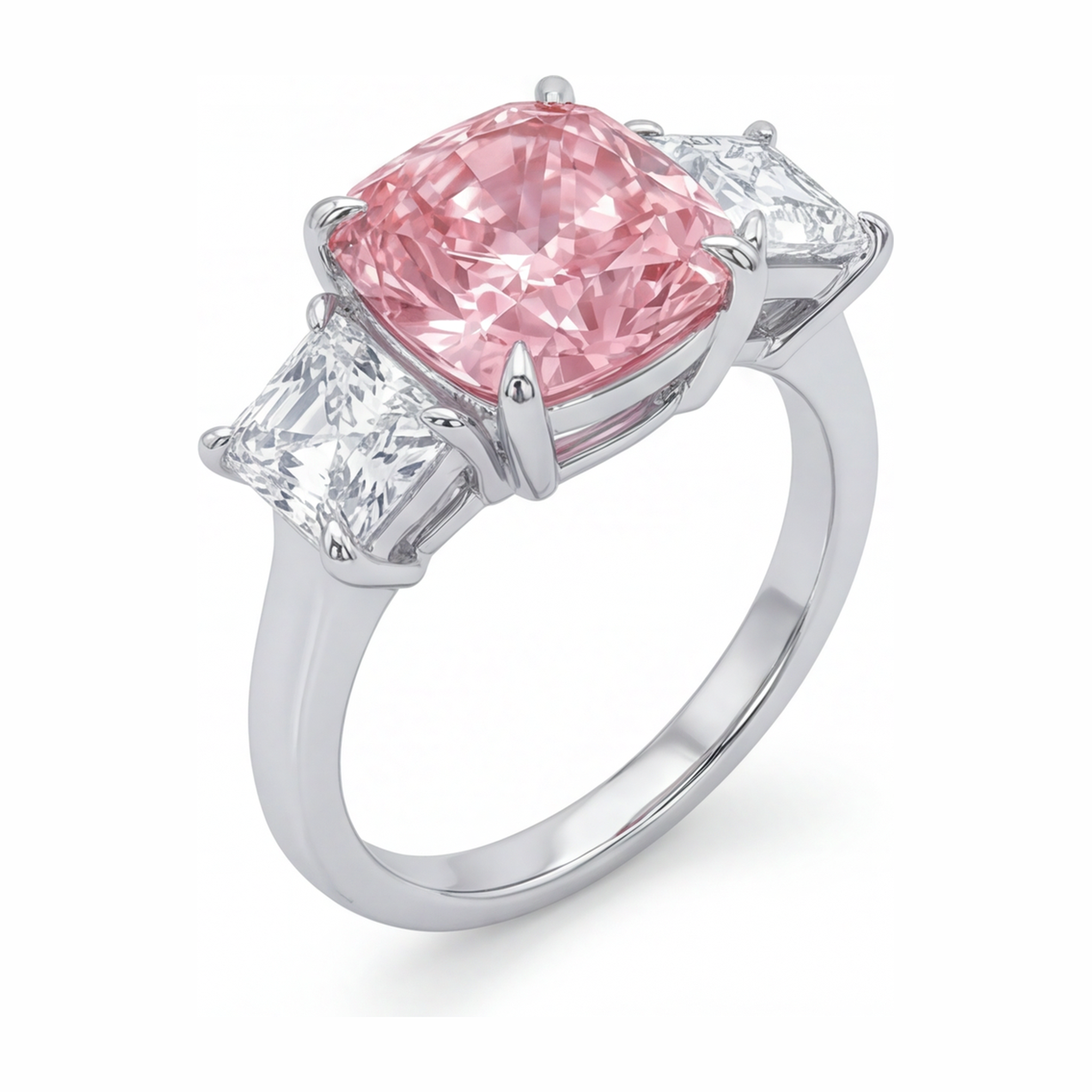 Pink Engagement Ring 5.5 Carat Lab Grown Cushion Diamond Three Stone 14K White Gold
