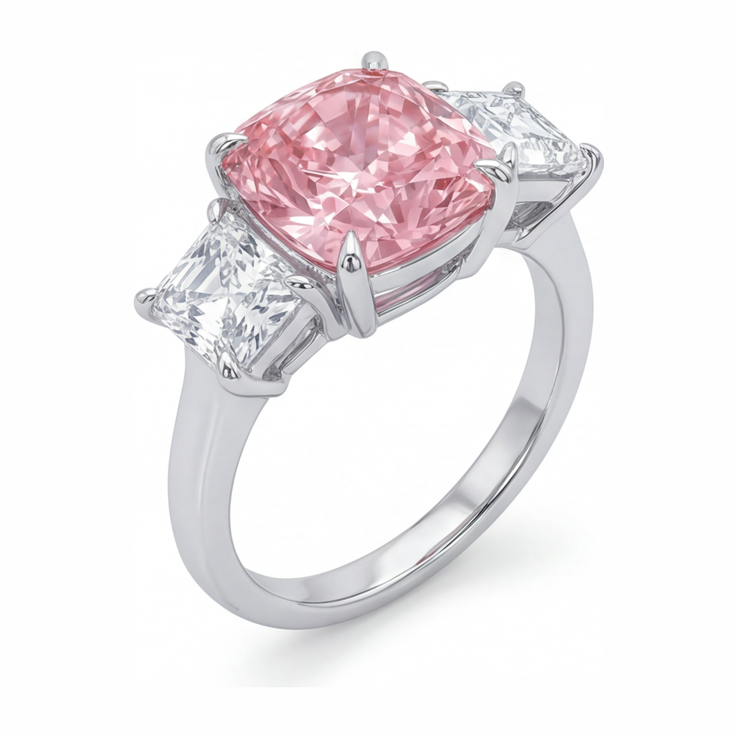 Pink Engagement Ring 5.5 Carat Lab Grown Cushion Diamond Three Stone 14K White Gold