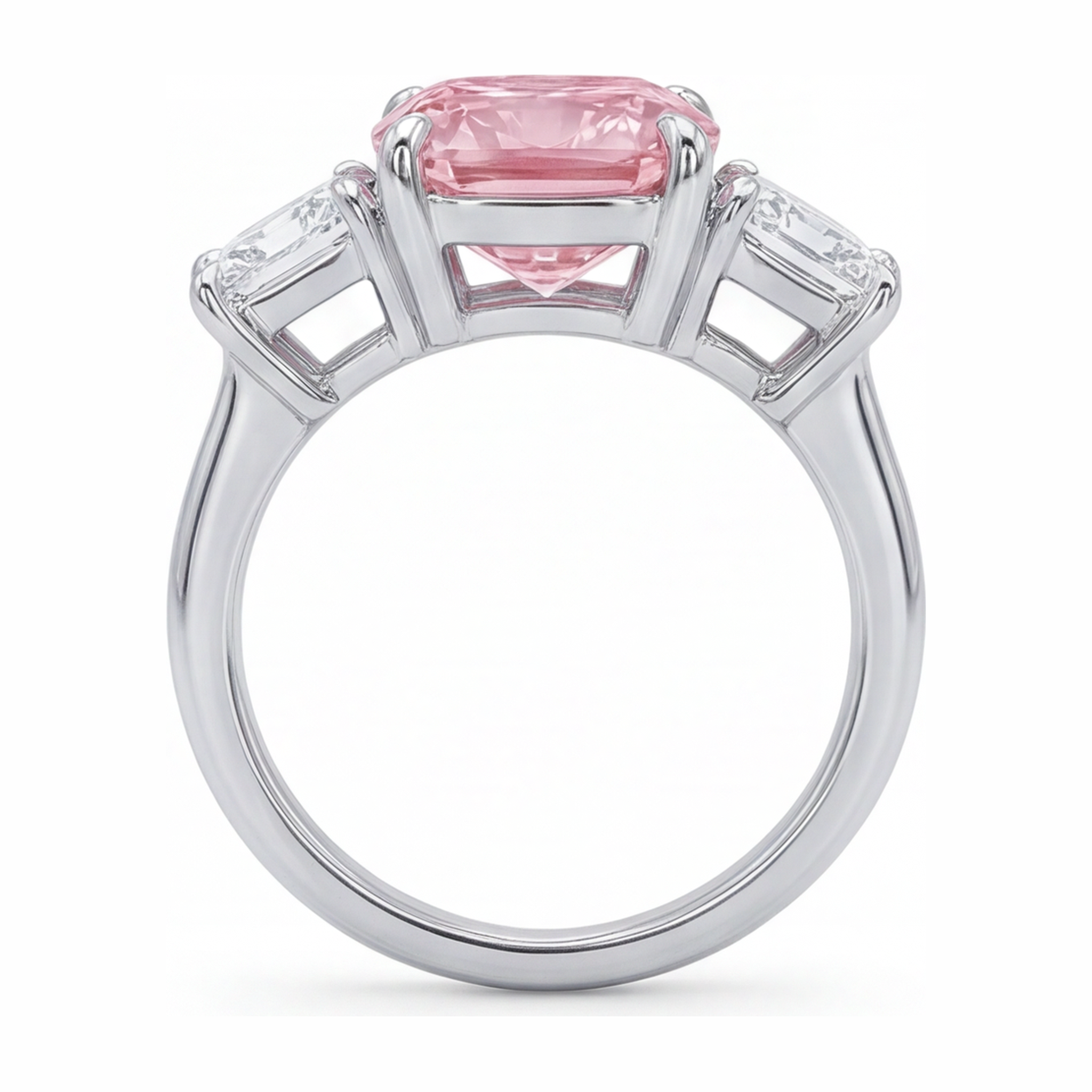 Pink Engagement Ring 5.5 Carat Lab Grown Cushion Diamond Three Stone 14K White Gold