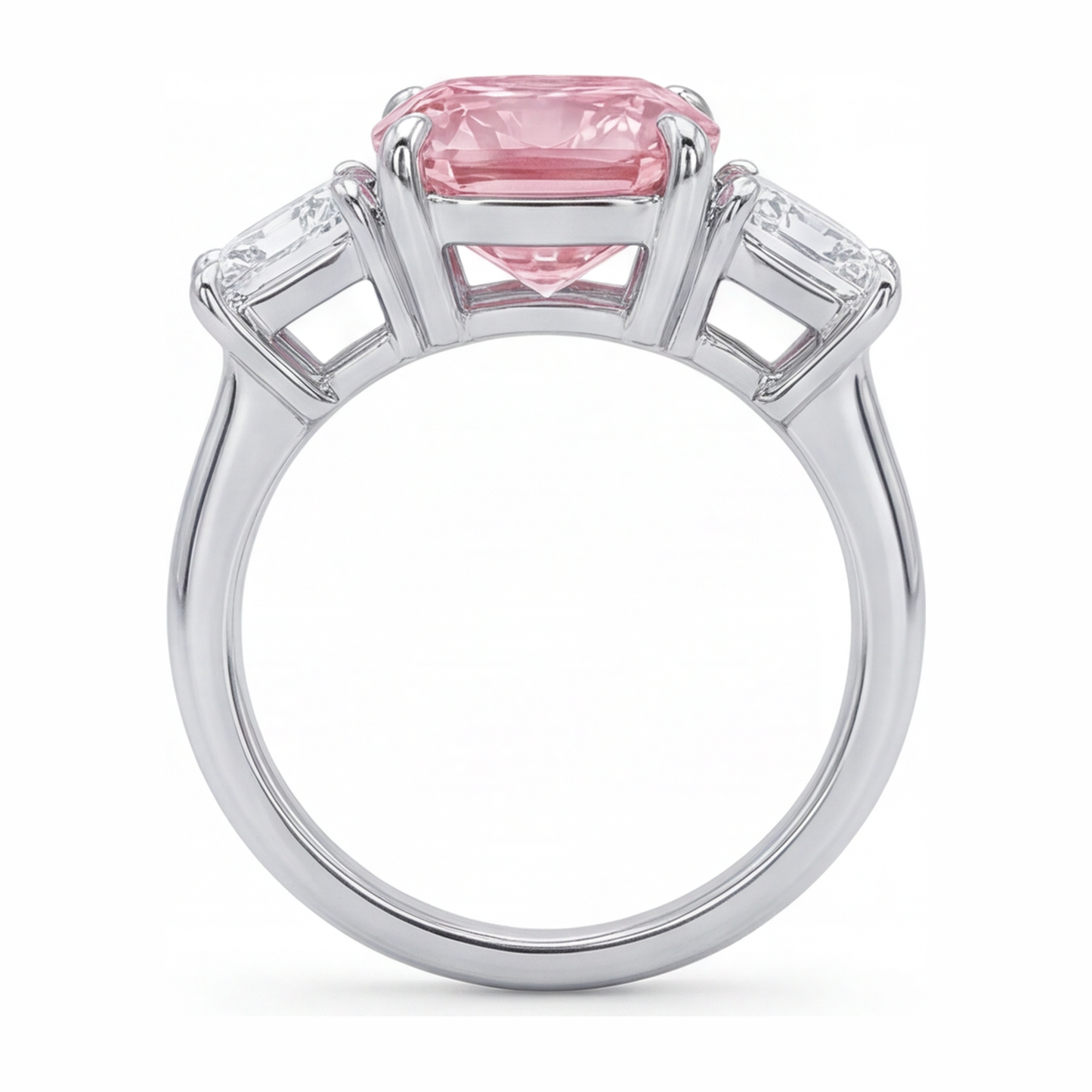 Pink Engagement Ring 5.5 Carat Lab Grown Cushion Diamond Three Stone 14K White Gold
