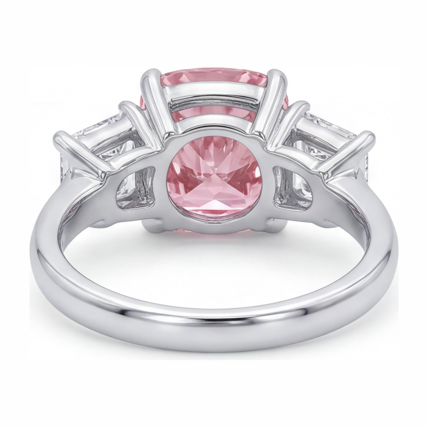 Pink Engagement Ring 5.5 Carat Lab Grown Cushion Diamond Three Stone 14K White Gold