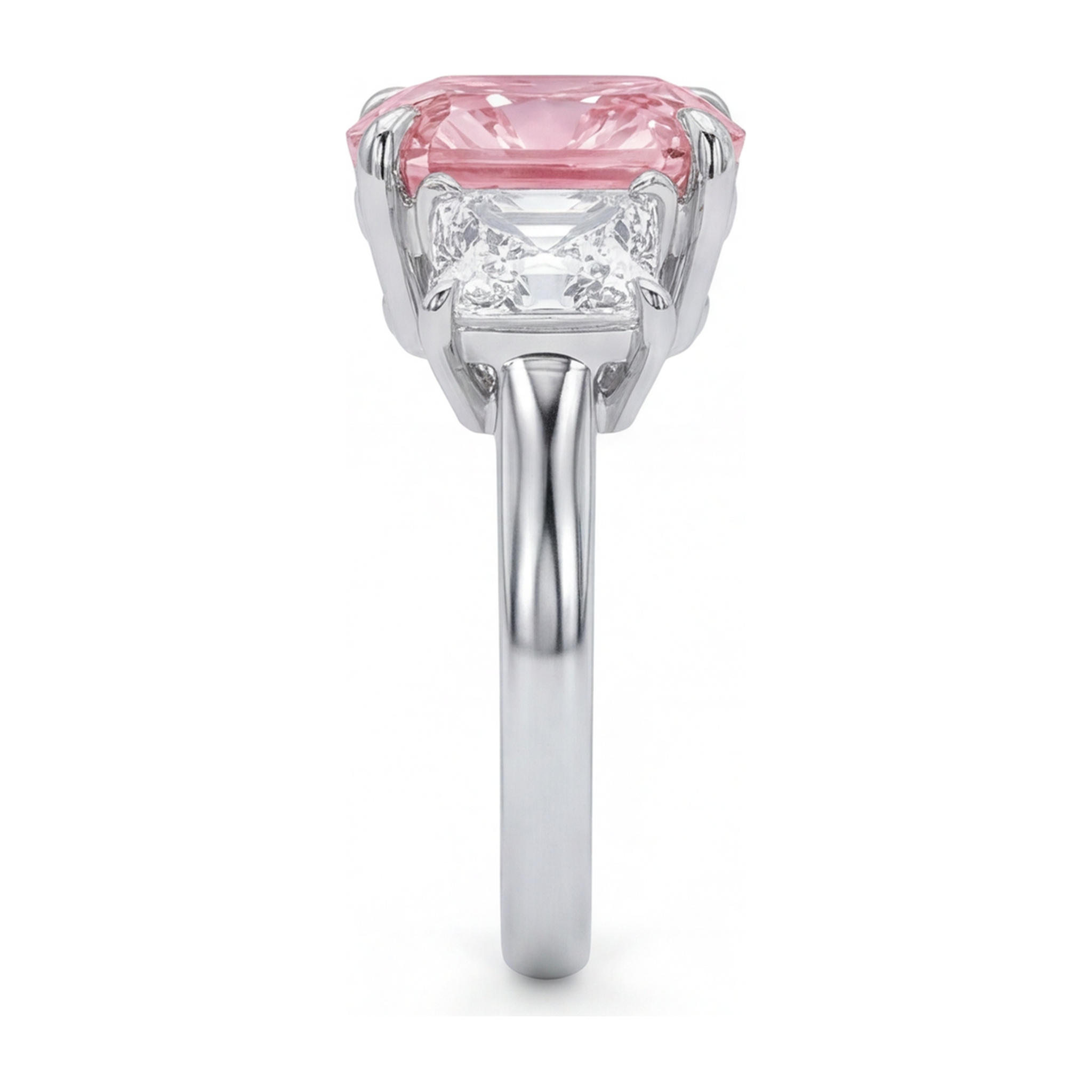 Pink Engagement Ring 5.5 Carat Lab Grown Cushion Diamond Three Stone 14K White Gold