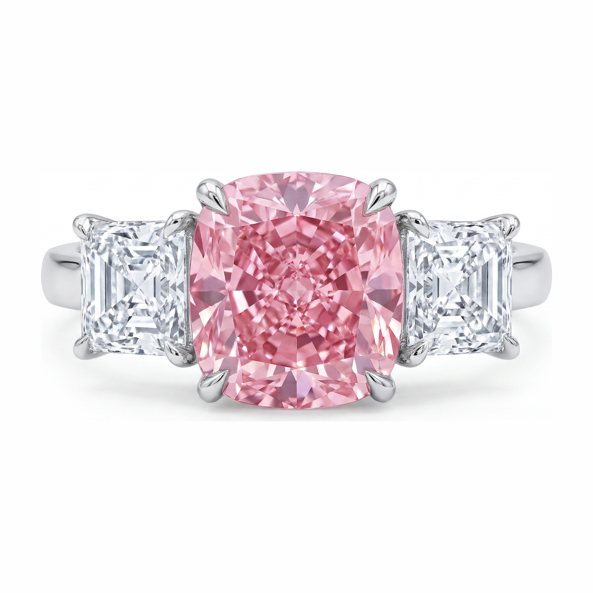 Pink Engagement Ring 5.5 Carat Lab Grown Cushion Diamond Three Stone 14K White Gold