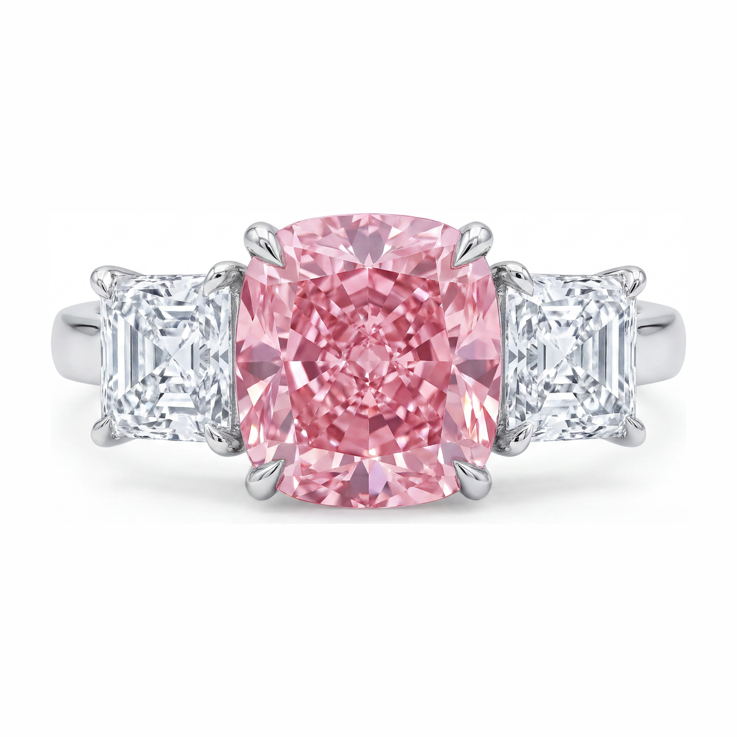 Pink Engagement Ring 5.5 Carat Lab Grown Cushion Diamond Three Stone 14K White Gold