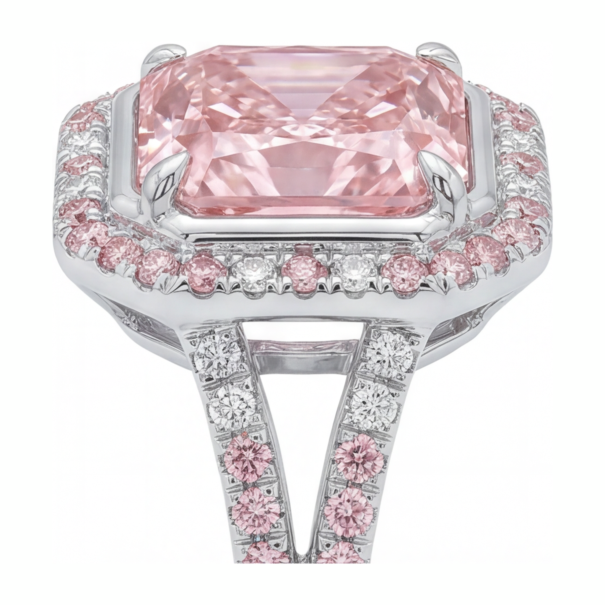Pink Engagement Ring 5.5 Carat Lab Grown Radiant Diamond Halo Split Shank 14K White Gold