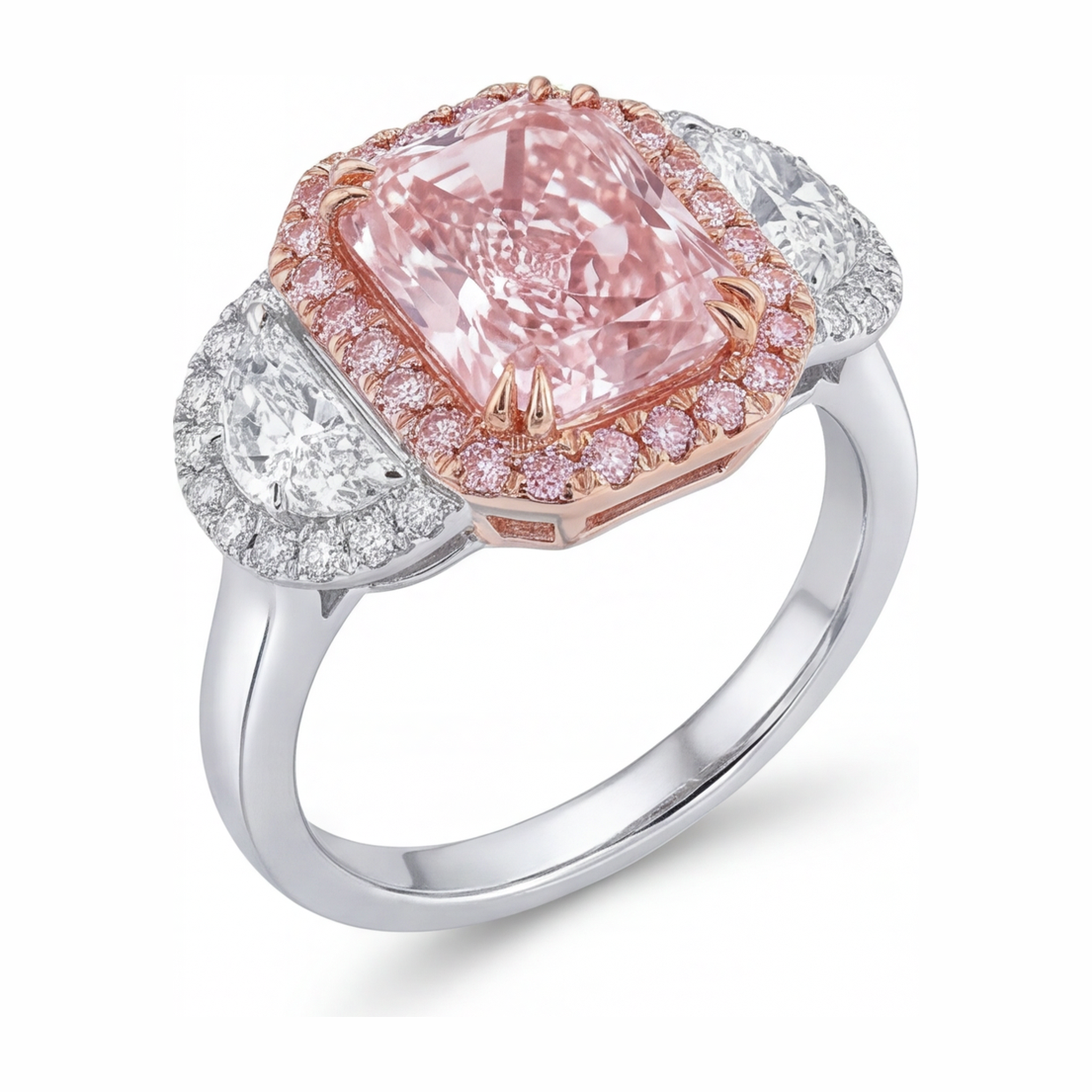 Pink Diamond Engagement Ring 5.5 Carat Lab Grown Radiant Halo Plain 14K White Gold