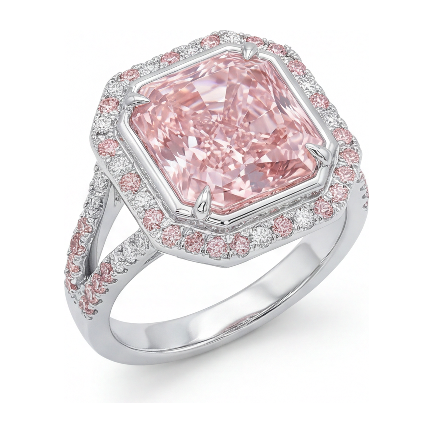 Pink Engagement Ring 5.5 Carat Lab Grown Radiant Diamond Halo Split Shank 14K White Gold