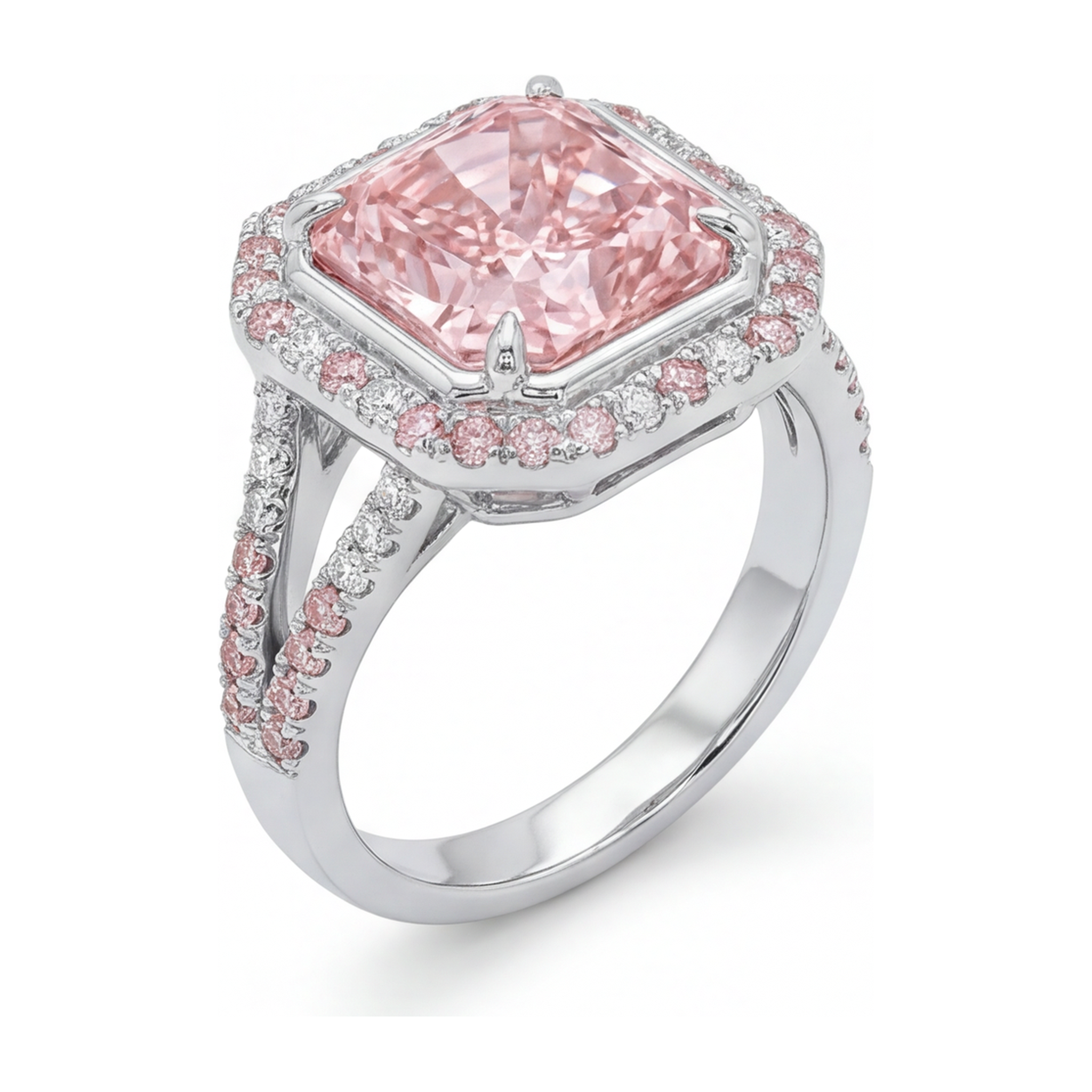 Pink Engagement Ring 5.5 Carat Lab Grown Radiant Diamond Halo Split Shank 14K White Gold