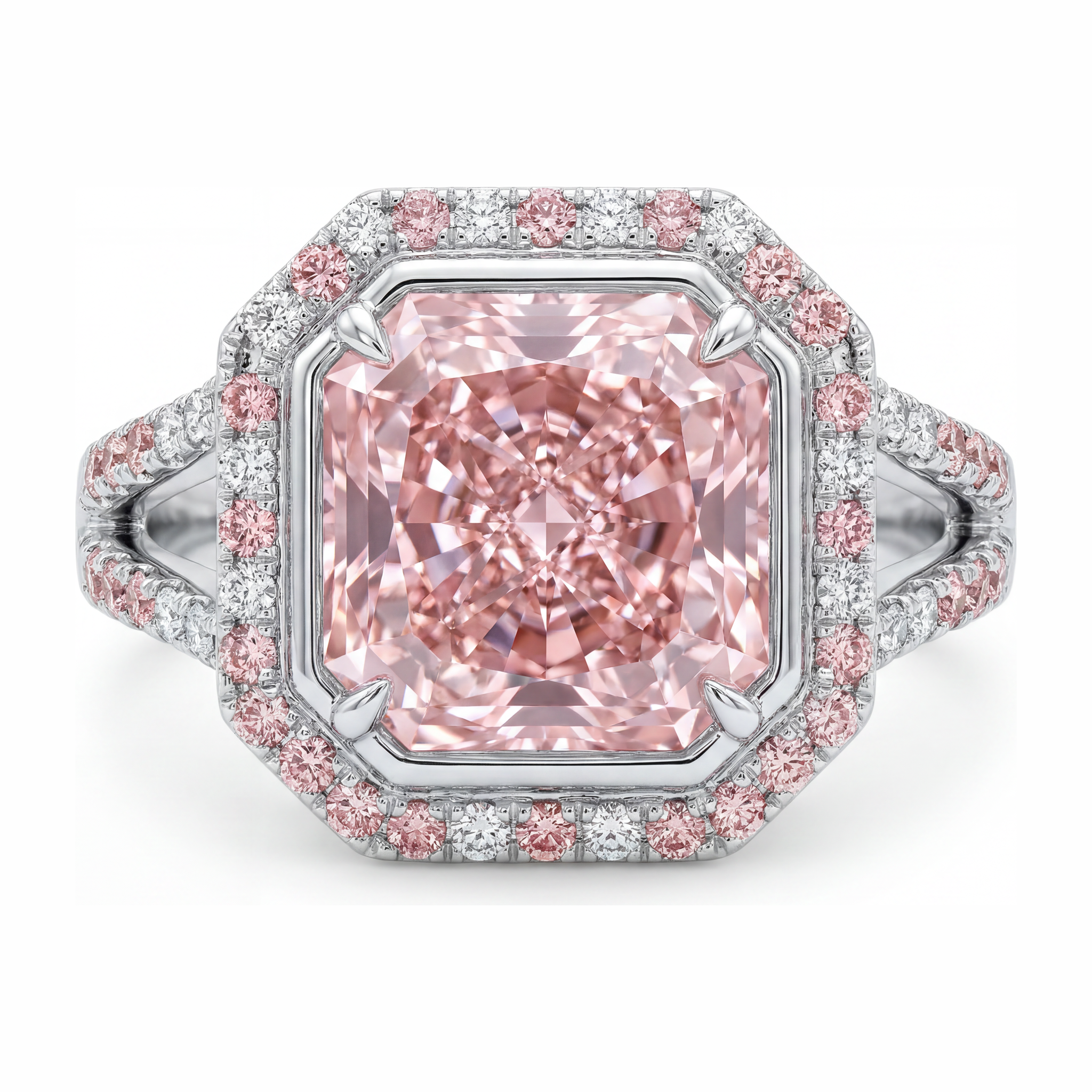 Pink Engagement Ring 5.5 Carat Lab Grown Radiant Diamond Halo Split Shank 14K White Gold