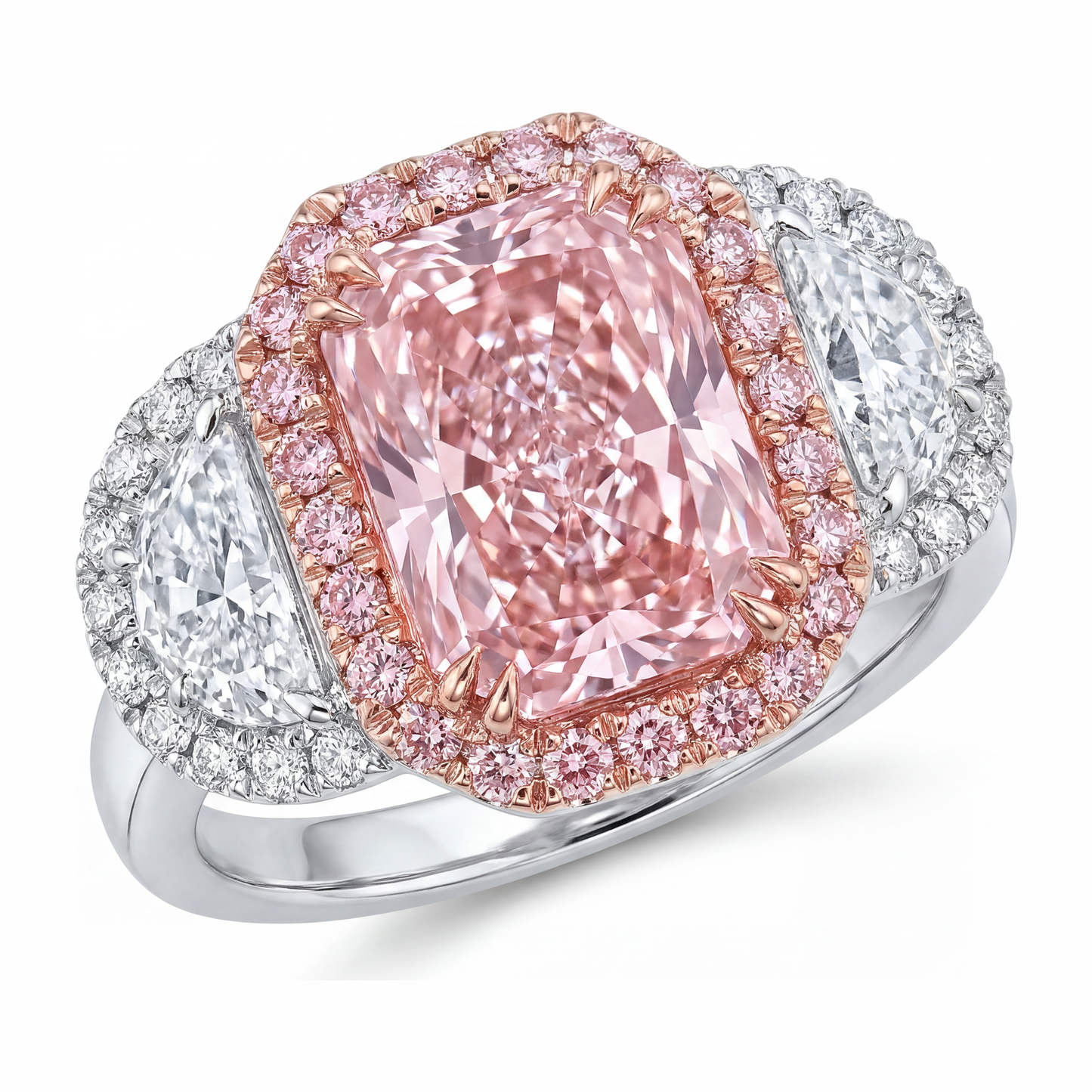Pink Diamond Engagement Ring 5.5 Carat Lab Grown Radiant Halo Plain 14K White Gold
